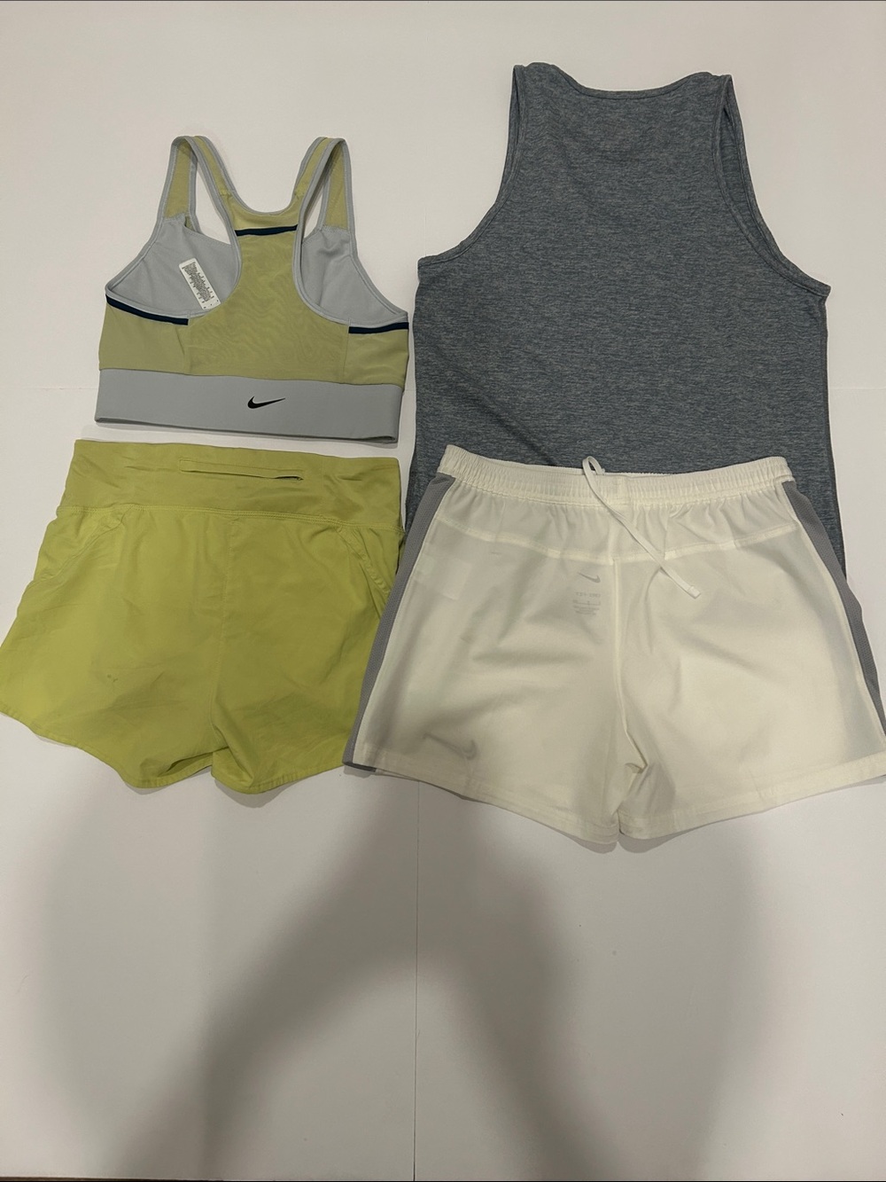 Nike Olive Green Sports Bra, Lime Shorts, Grey Tank & White Running Shorts - Picture 2 of 10